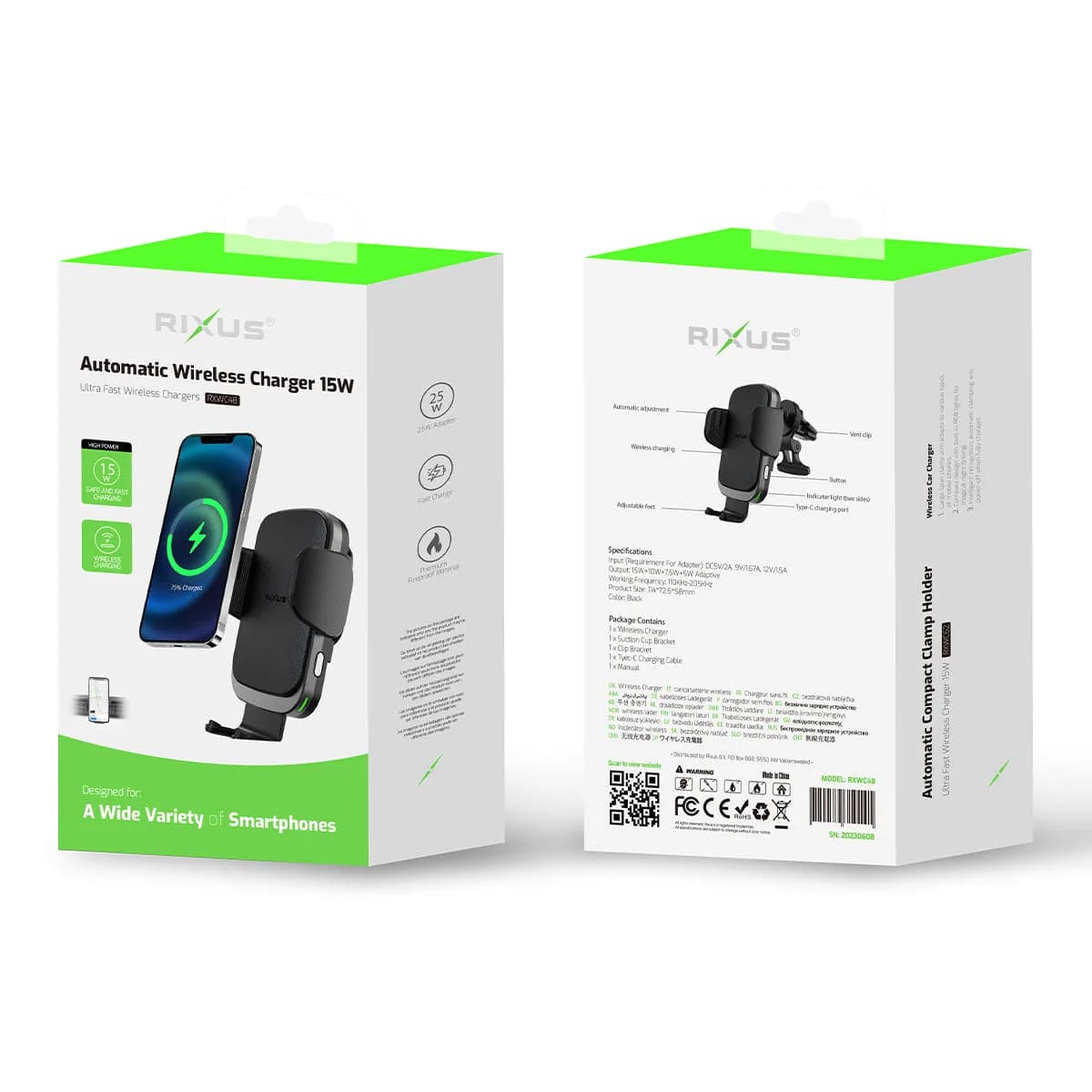 Rixus RXWC48 Wireless Car Charger Mount Black