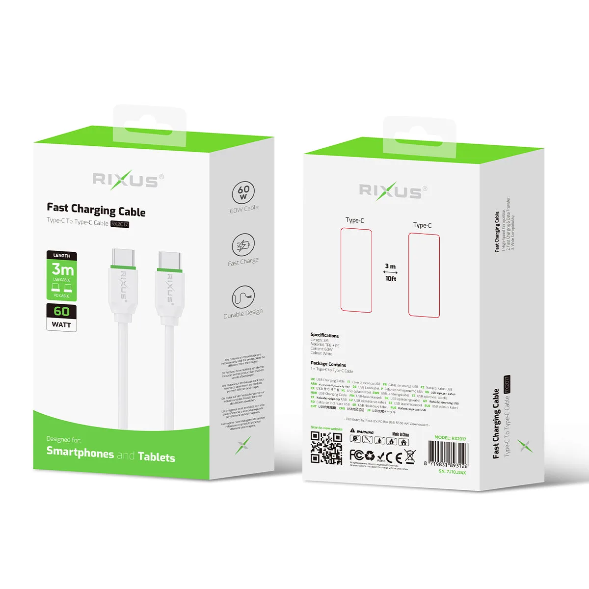 Rixus RX2017 Data Sync And Fast Charge Cable USB-C To USB-C 3m