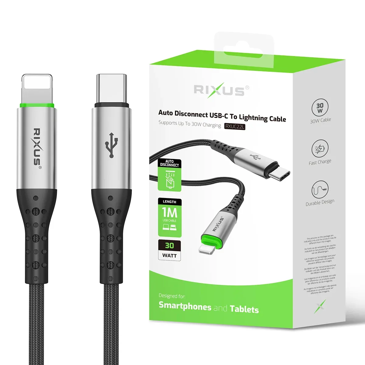 Rixus RXUC22L Auto Disconnect USB-C To Lightning Connector Cable Black