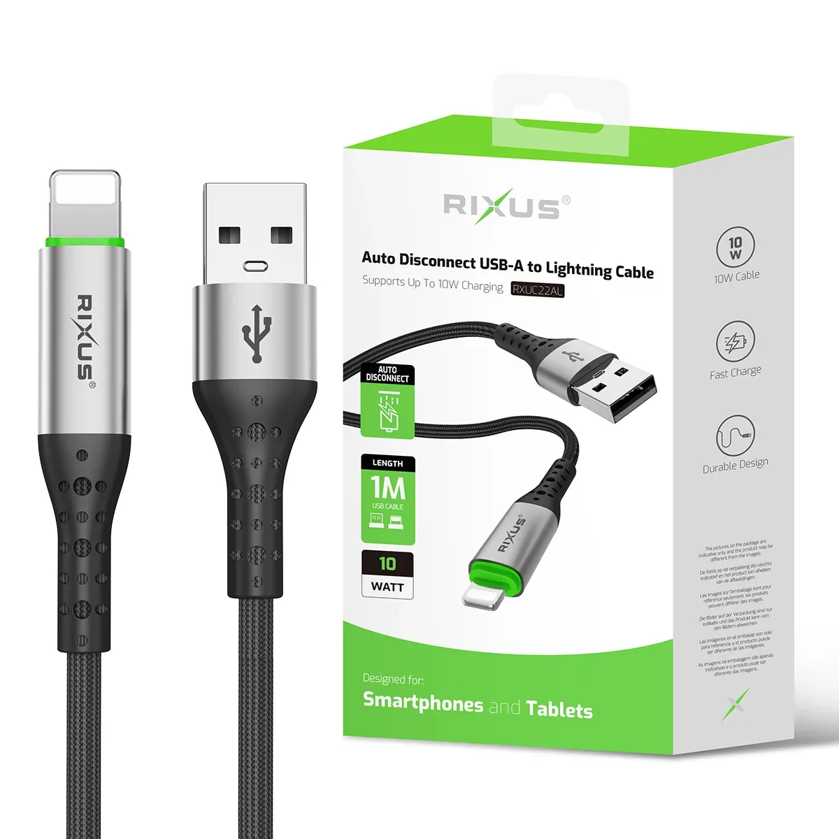 Rixus RXUC22AL Auto Disconnect USB-A To Lightning Connector Cable Black