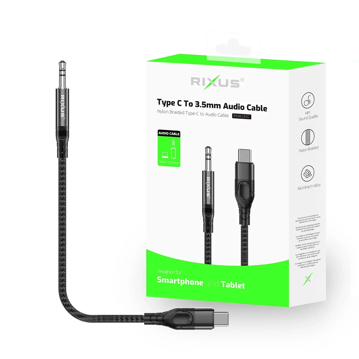 Rixus RXMU35C 3.5mm AUX To USB-C Braided Audio Cable 1.2m Black