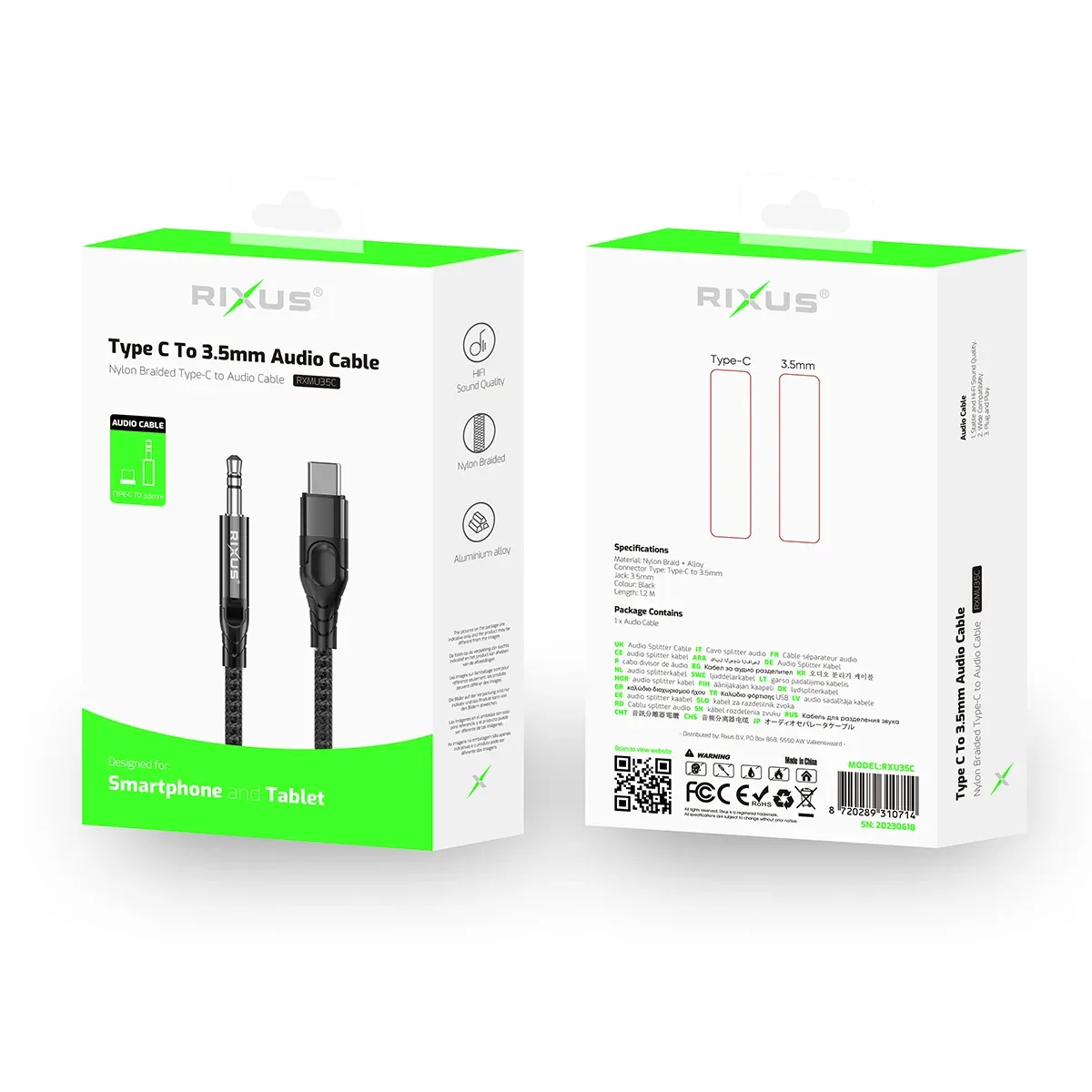 Rixus RXMU35C 3.5mm AUX To USB-C Braided Audio Cable 1.2m Black