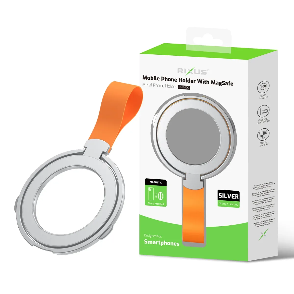 Rixus RXPH20SO Mobile Phone Holder With MagSafe Compatible Silver And Orange