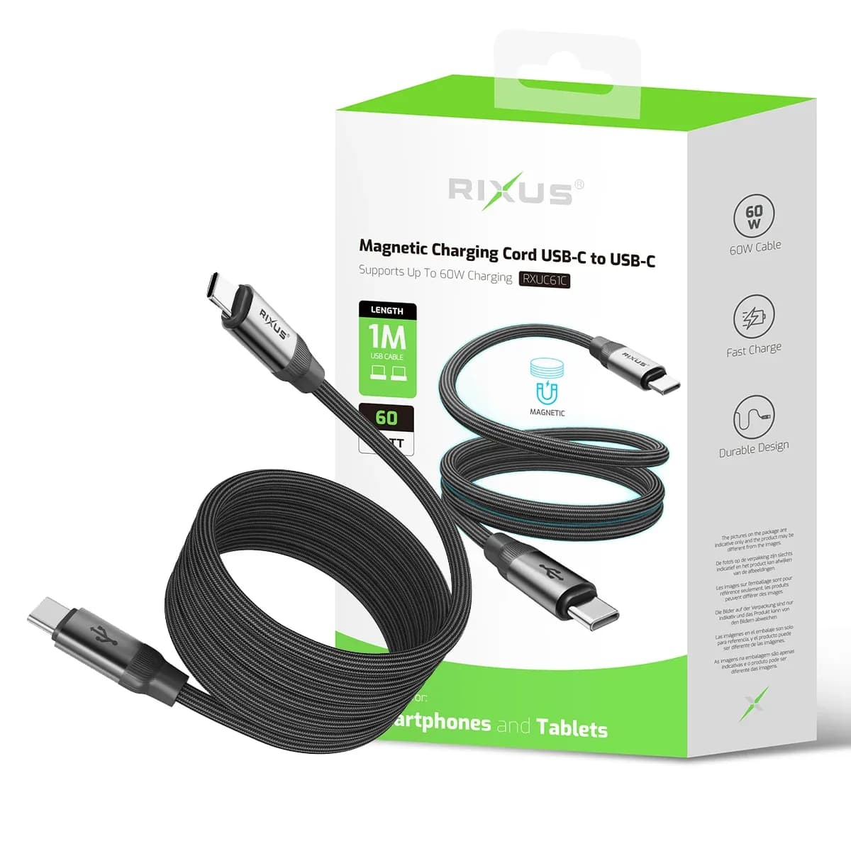 Rixus RXUC61C Magnetic Charging Cord USB-C To USB-C 1m 60W Black