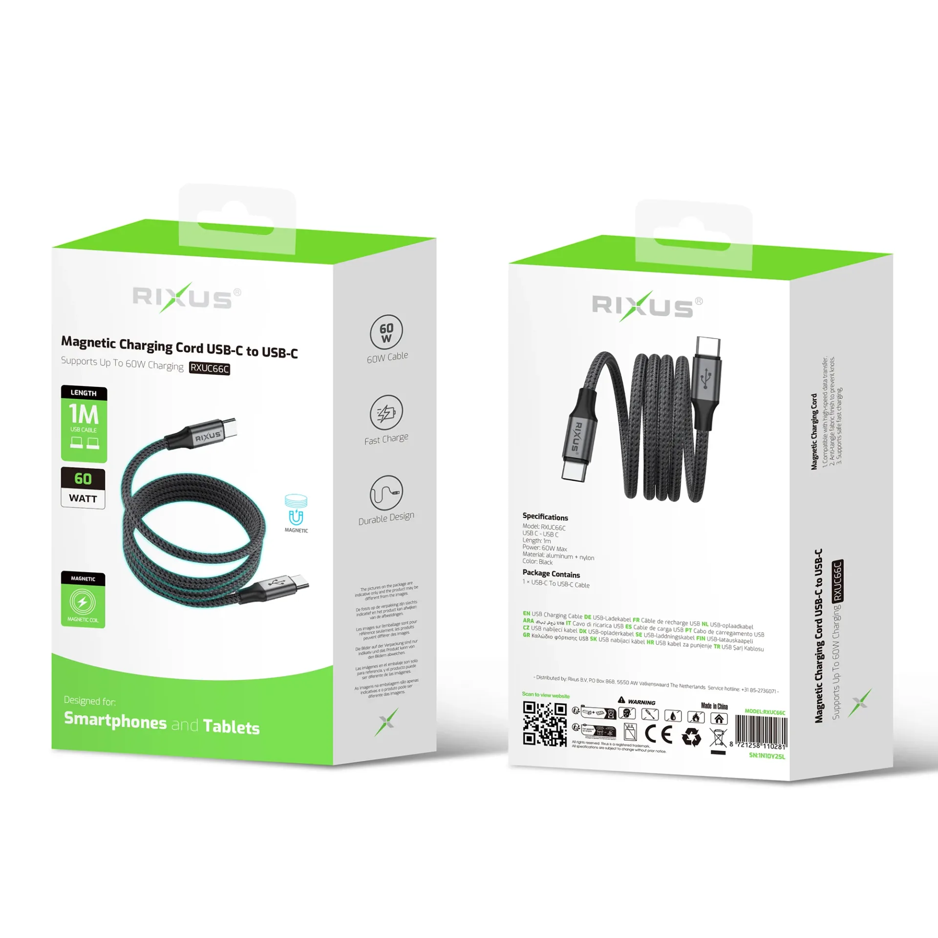 Rixus RXUC66C Magnetic Charging Cord USB-C To USB-C 1m 60W Black