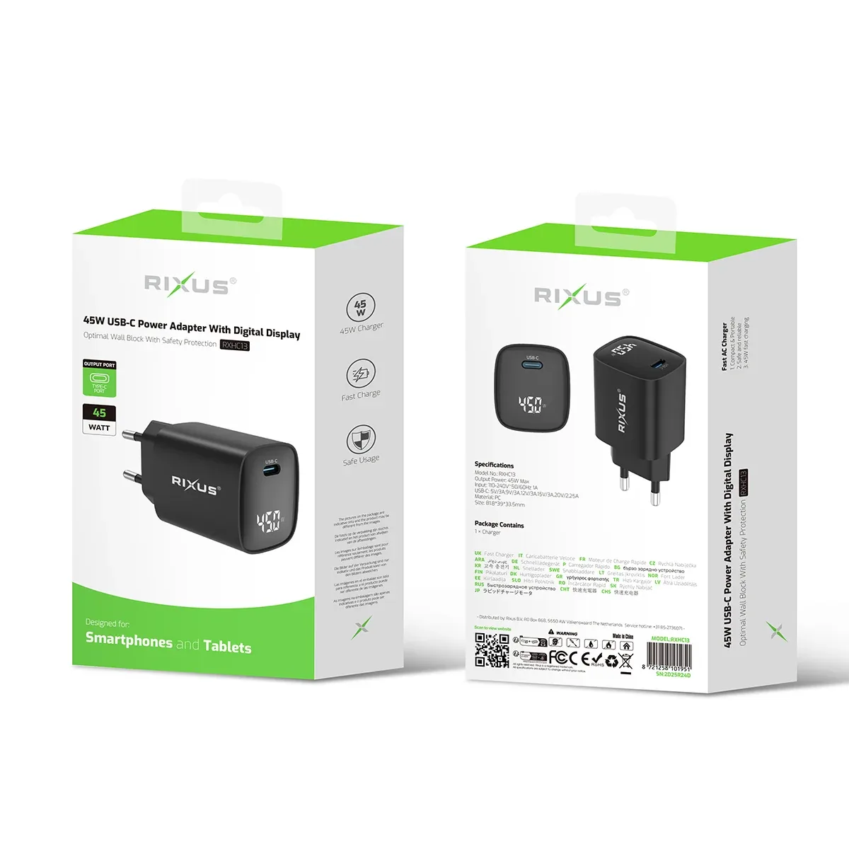 Rixus RXHC13 USB-C Power Adapter With Digital Display 45W Black