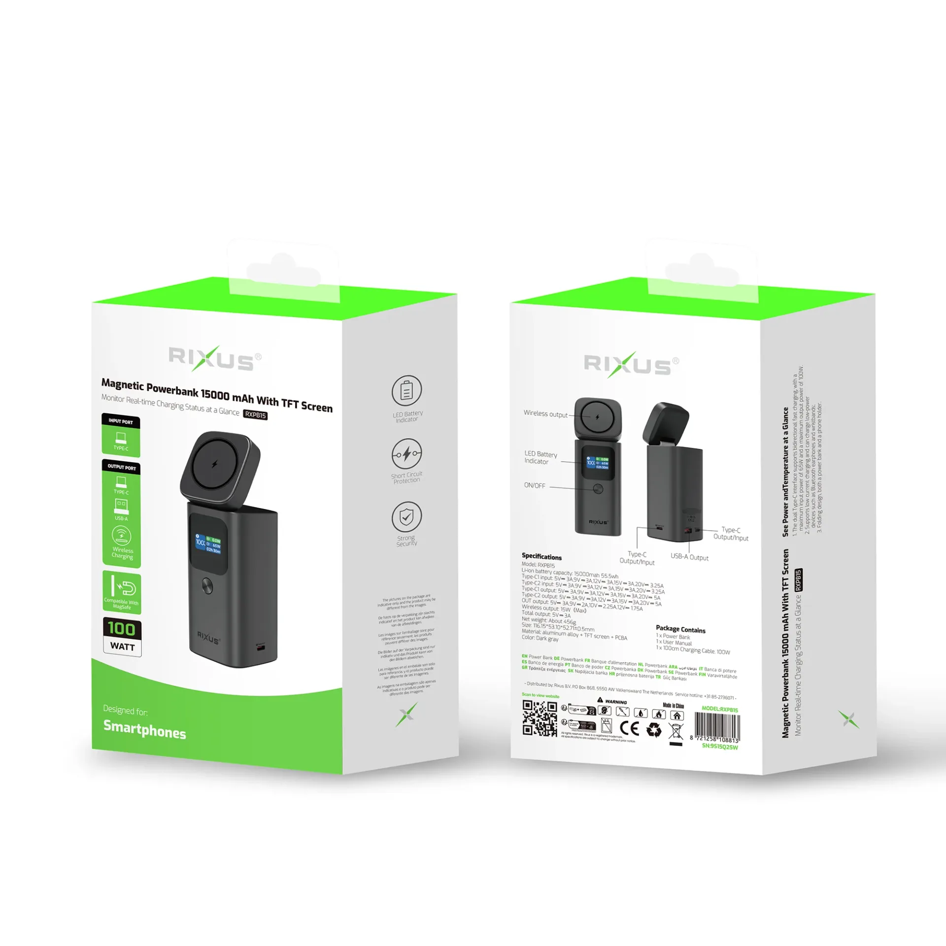 Rixus RXPB15 Magnetic Powerbank With TFT Screen 15000mAh 100W Dark grey