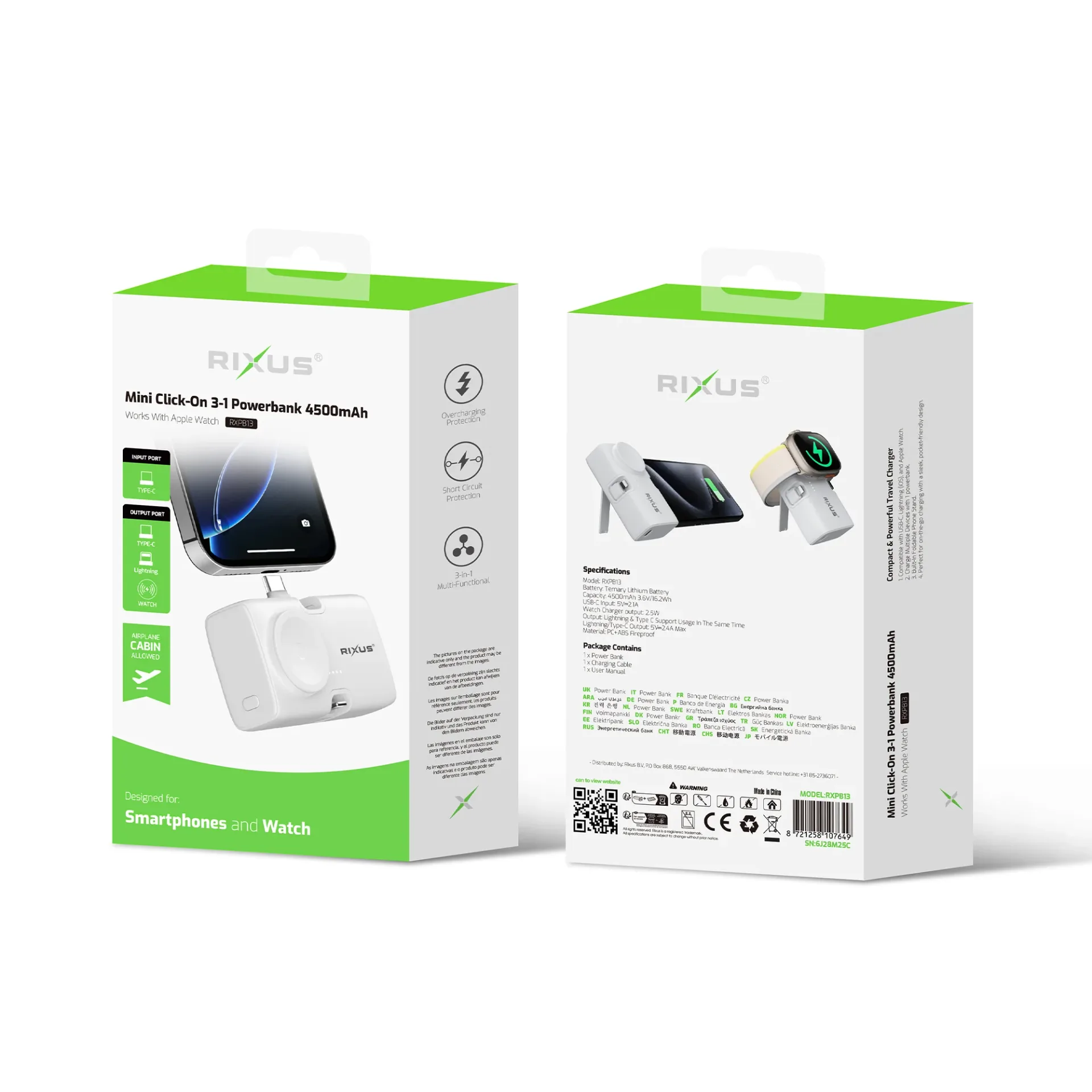 Rixus RXPB13 Mini Click-On 3 in 1 Powerbank 4500mAh White