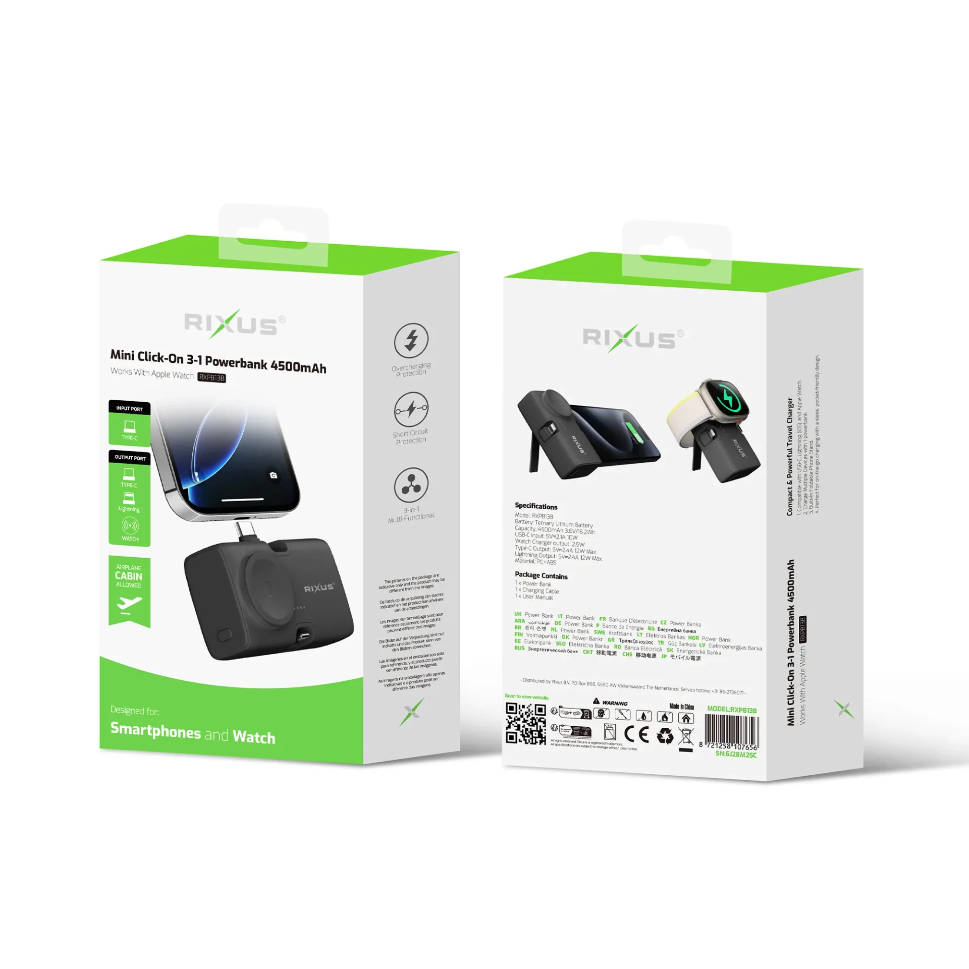 Rixus RXPB13B Mini Click-On 3 in 1 Powerbank 4500mAh Black