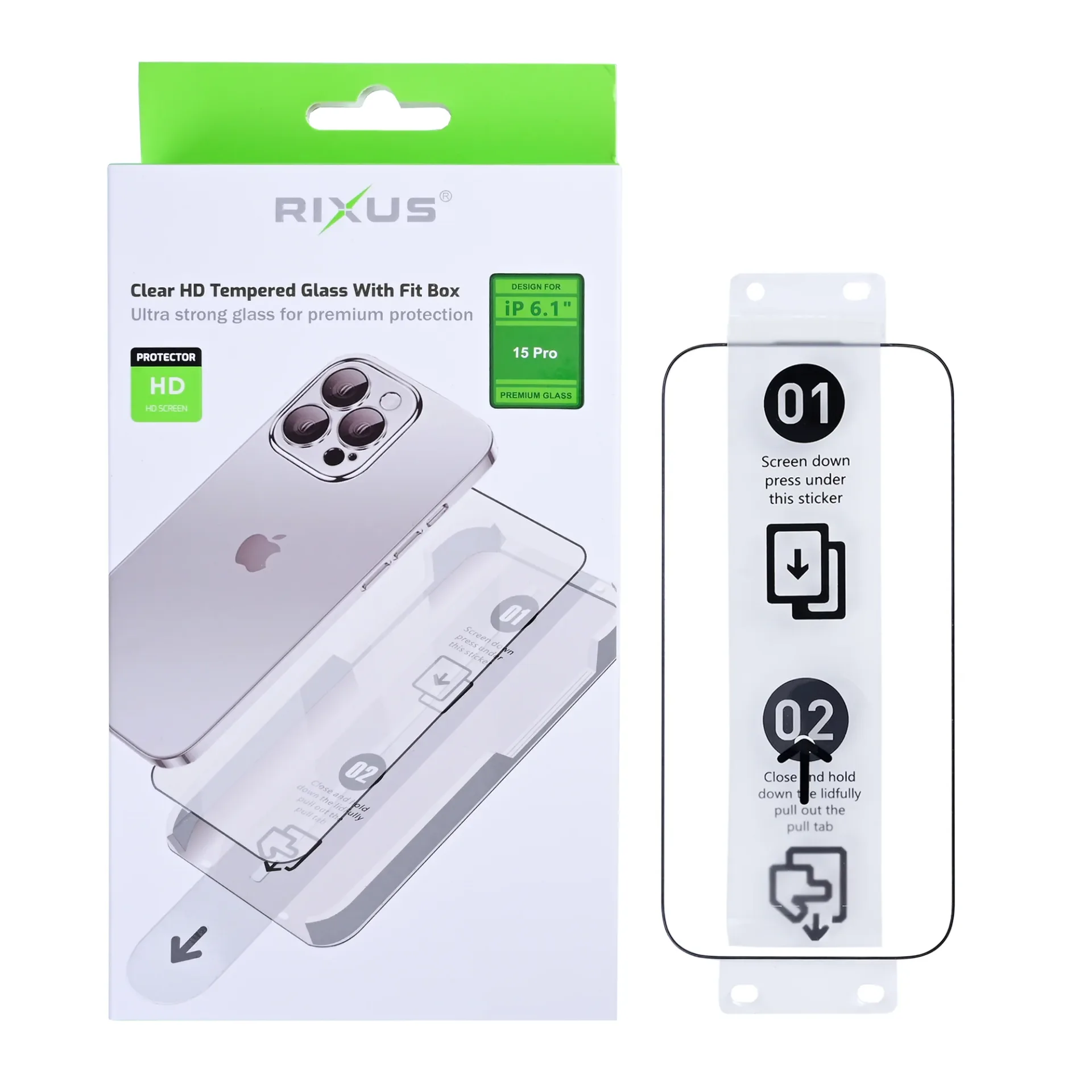 Rixus Clear HD Tempered Glass With Fit Box For Apple iPhone 15 Pro