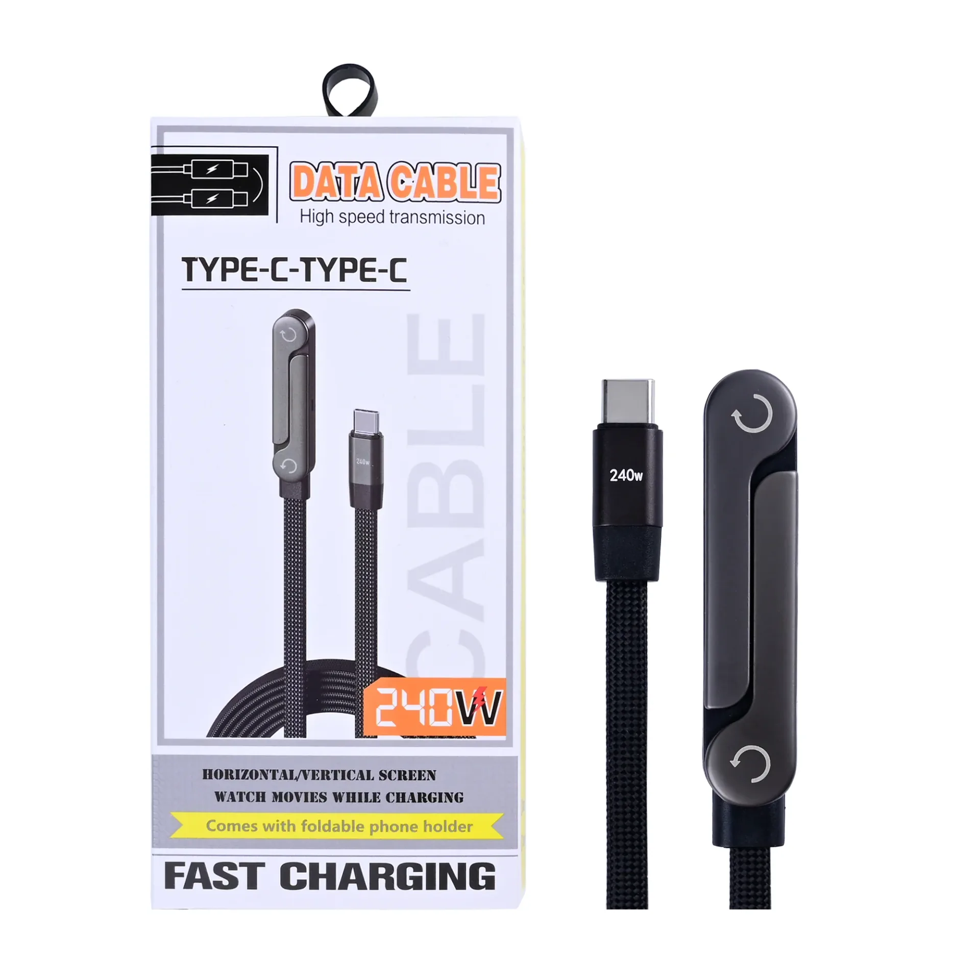 Data Cable USB-C To USB-C With Foldable Holder 150cm Black Retail Box