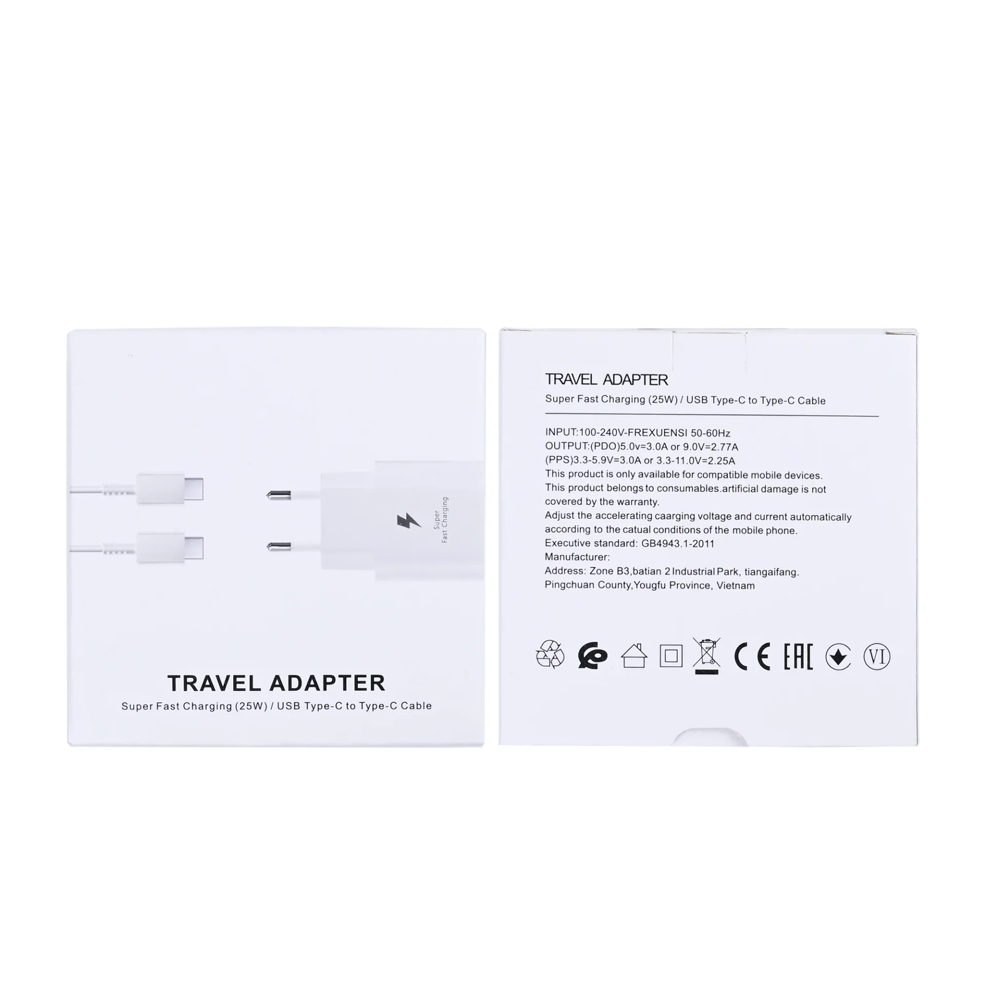 Fast Charge Travel Adapter With USB-C Cable 100cm 25W White Retail Box