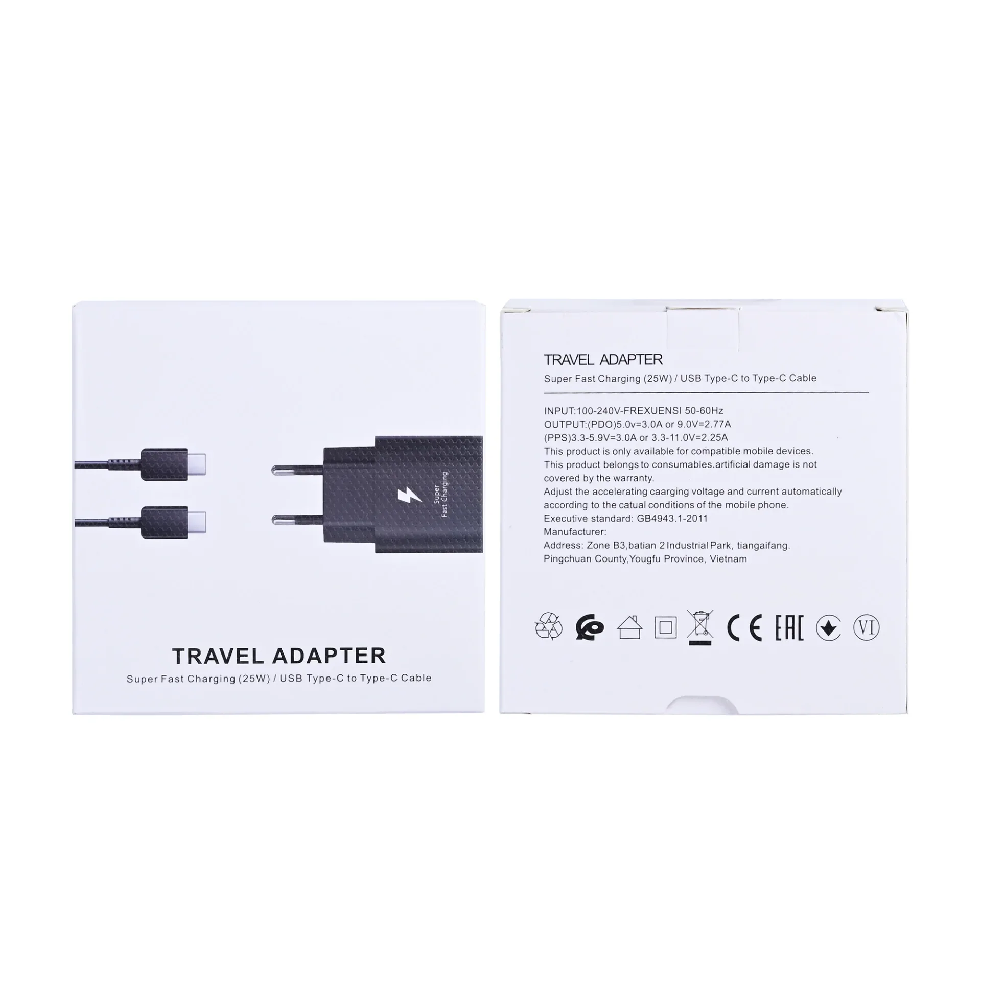 Fast Charger Travel Adapter With USB-C Cable 100cm 25W Black Retail Box
