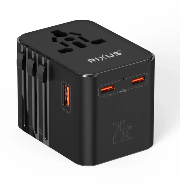Rixus RX3425 World Travel Adapter 25 Watt With 3 USB Ports Black