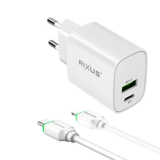 Rixus RX90L Adapter With USB-C To Lighting Cable 100CM 20W White