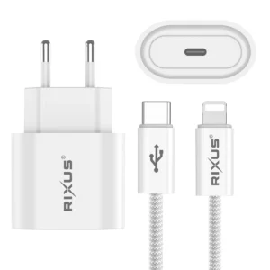 Rixus RXHC20L Fast Charger USB-C To Lightning Cable 180CM 20W White