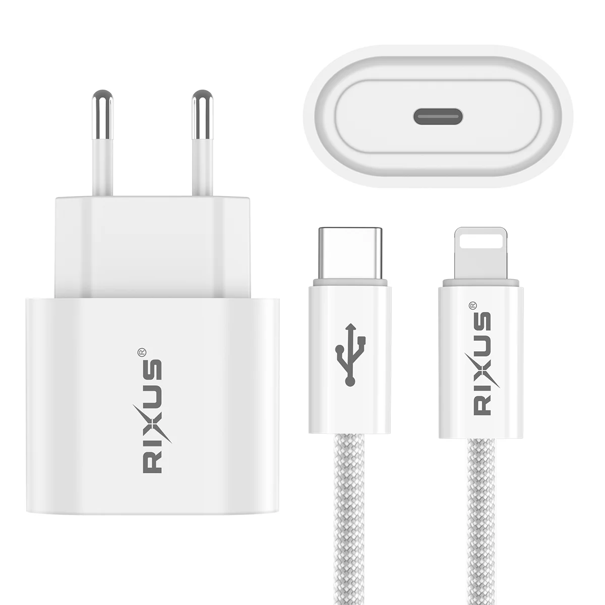 Rixus RXHC20L Fast Charger USB-C To Lightning Cable 180CM 20W White