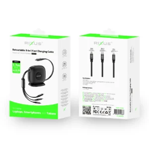Rixus RXUC61 Retractable 100W 3 in 1 Cable Desktop USB Type C Fast Charger 1.7m Black - Image 4