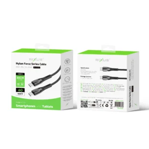 Rixus RXUC37C Fast Charging Cable USB-C To USB-C Braided Nylon 30cm Black - Image 2